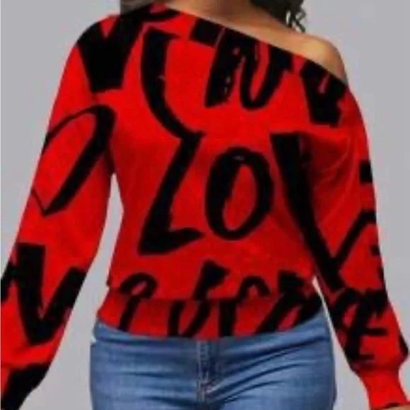 Never Been Worn-Red and Black Off-Shoulder Sweater - Picture 2 of 4